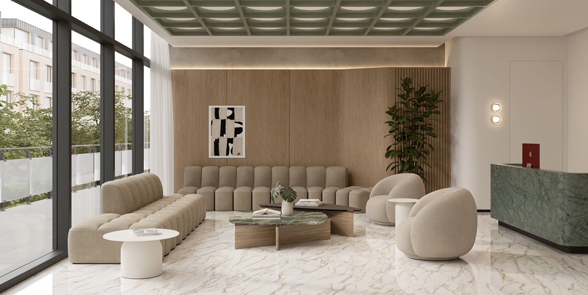 Sala de espera contemporánea con piso porcelánico efecto mármol de Interceramic, mobiliario neutro y grandes ventanales